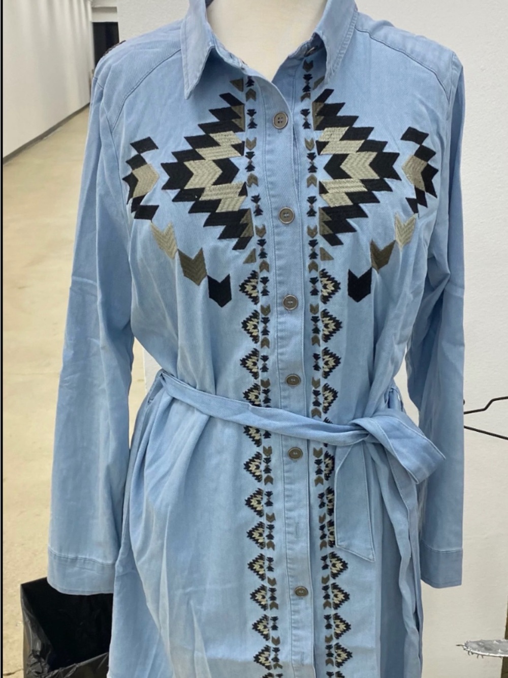 Light Blue Embroidered Shirt Dress with Belt